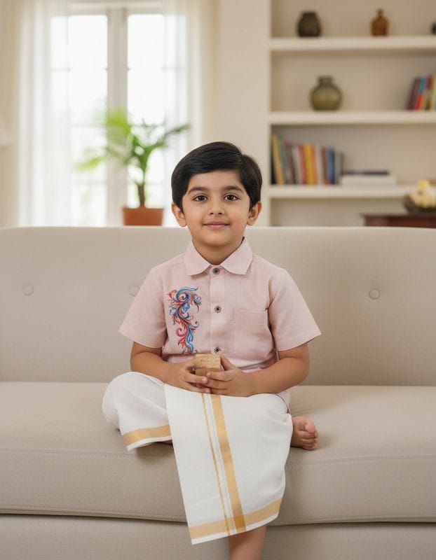 Boys Traditional Print Shirt and Mundu Combo Copper